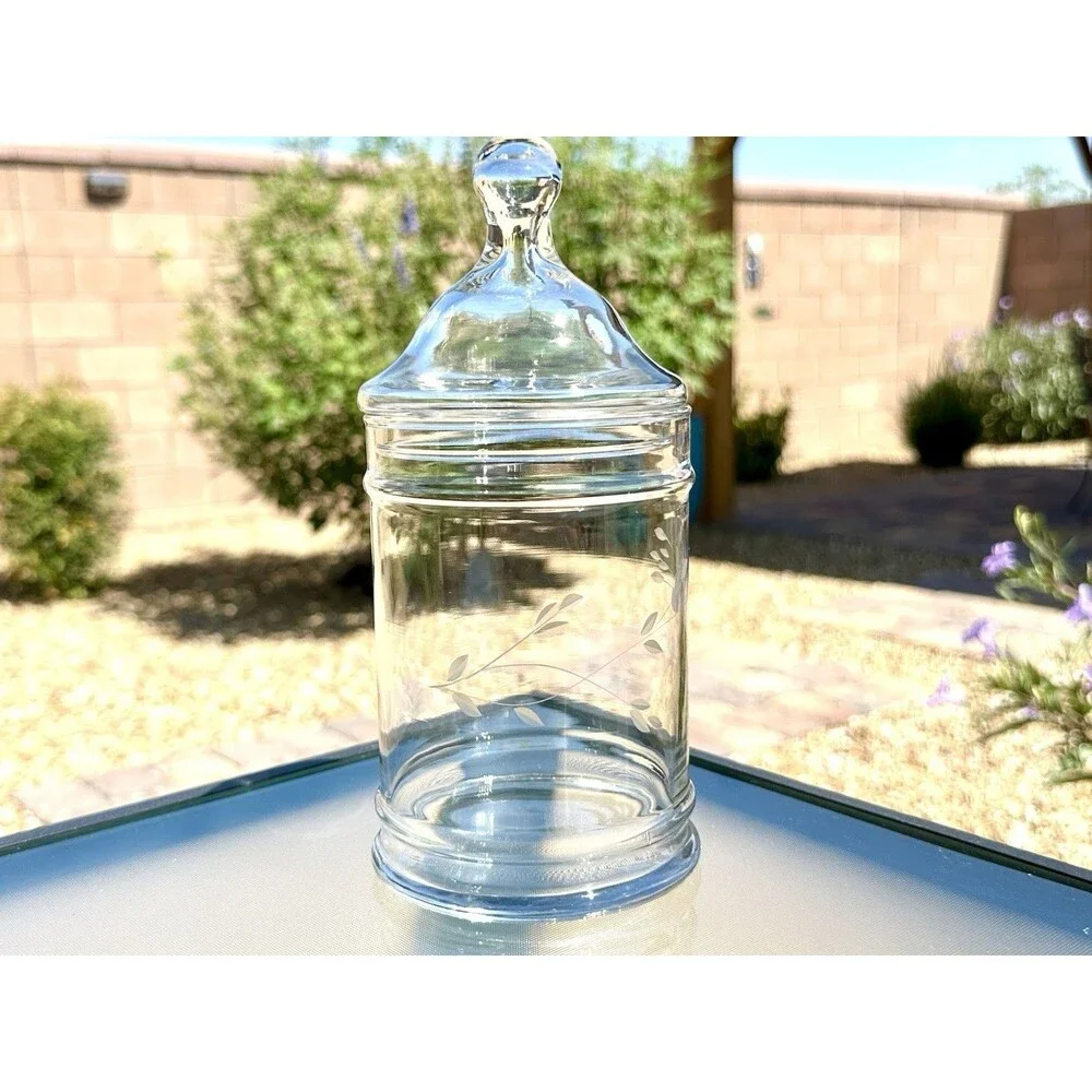 Princess House Heritage Crystal Glass Apothecary Jar w/ Lid Etched Glass 8 1/4